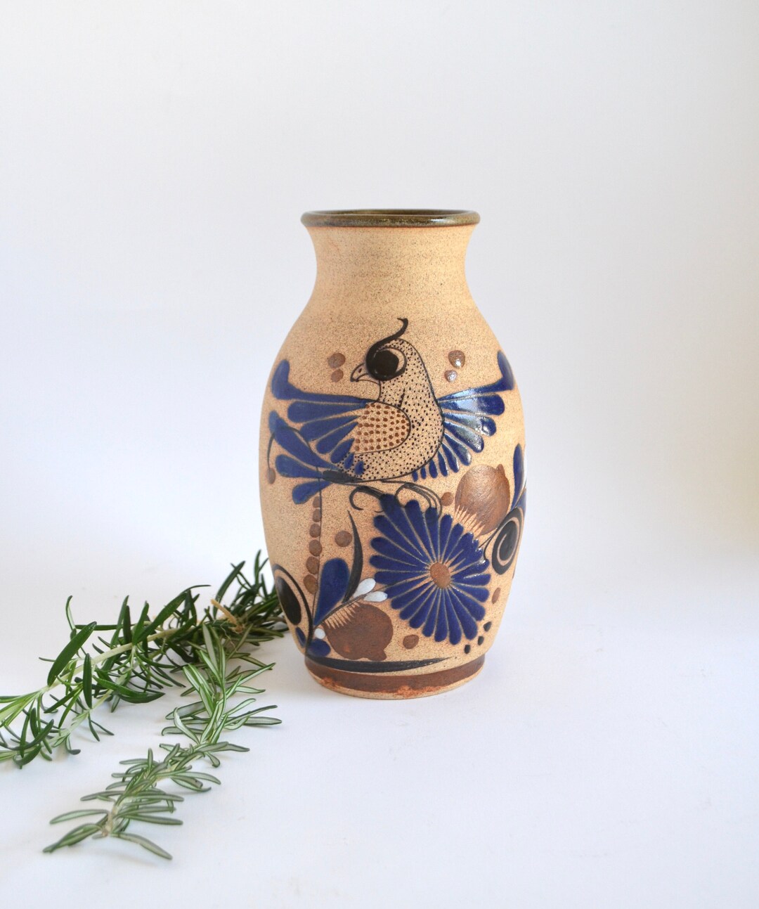 Vintage Mexican Bisque Fired Ceramic Vase With Blue Bird Etsy