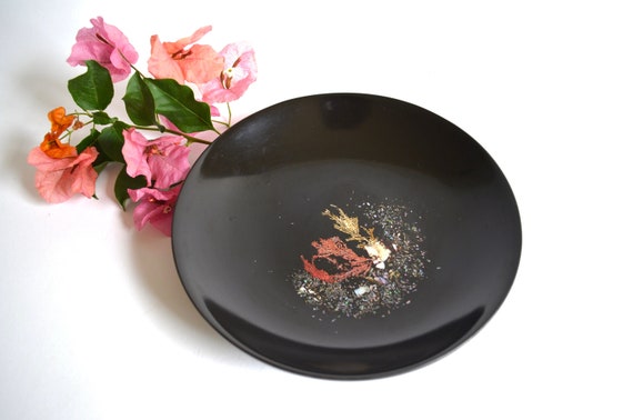 Vintage Black Couroc Bowl with Abalone and Seaweed Design