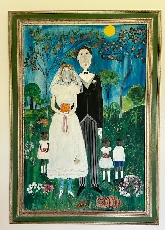 Mid Century Original Oil Painting of a Bride and Groom by Dora Holzhandler