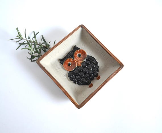 Vintage Ceramic Square Trinket Tray with Raised Owl Design