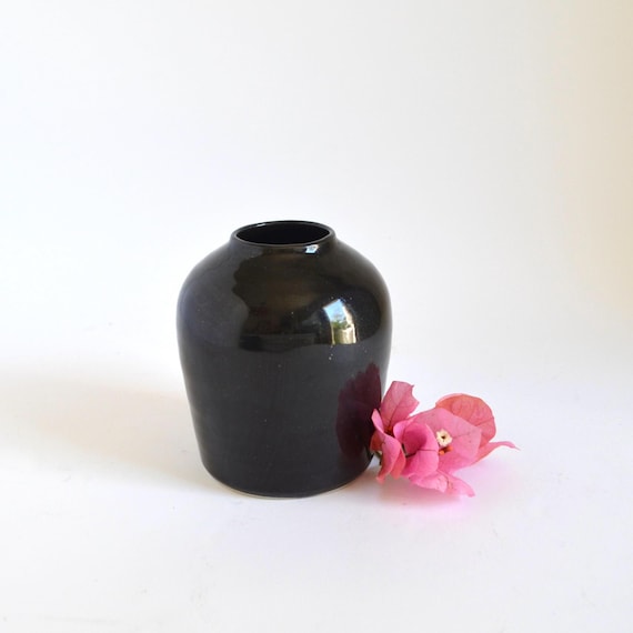 Vintage Glossy Black Ceramic Wide Mouth Vase by Laslo for Mikasa