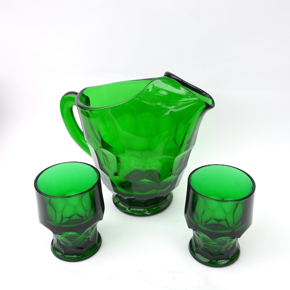 Set of Mid Century Georgian Green Pitcher and Two Flat Tumbler Glasses