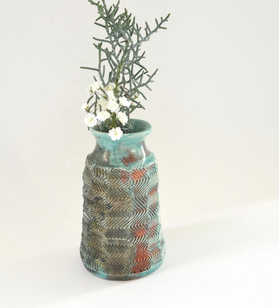 Vintage Studio Pottery Aqua and Copper Glazed Vase