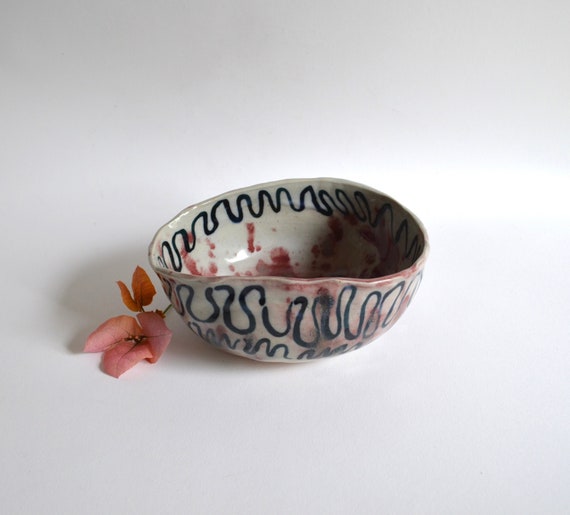 Small Vintage Studio Pottery Ceramic Bowl with Squiggle Design