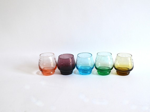 Mid Century Set of Five Multi Color Etched Cordial Glasses
