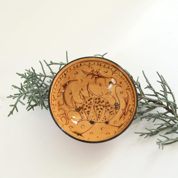 Vintage Small Yellow Pottery Bowl with Bird Design