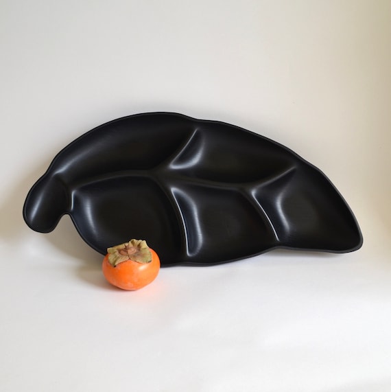 Large Mid Century Matte Black Divided Leaf Resin Tray