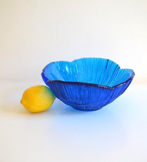 Vintage Deep Blue Glass Bowl with Bark Texture