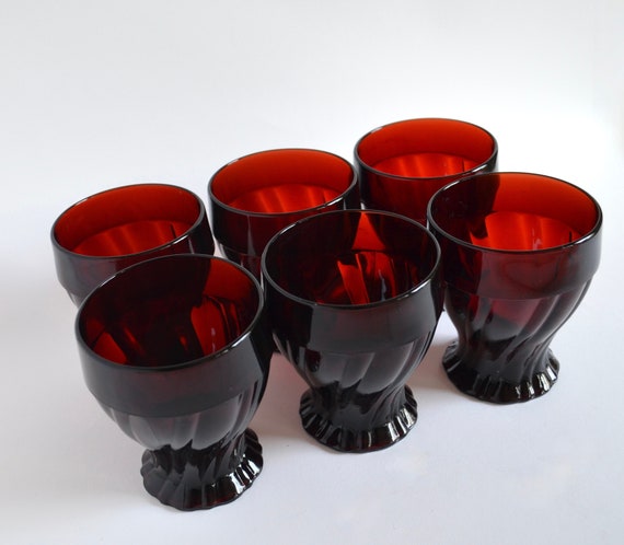 Set of Six Vintage Swirl Footed Flat Tumblers in Royal Ruby by Anchor Hocking