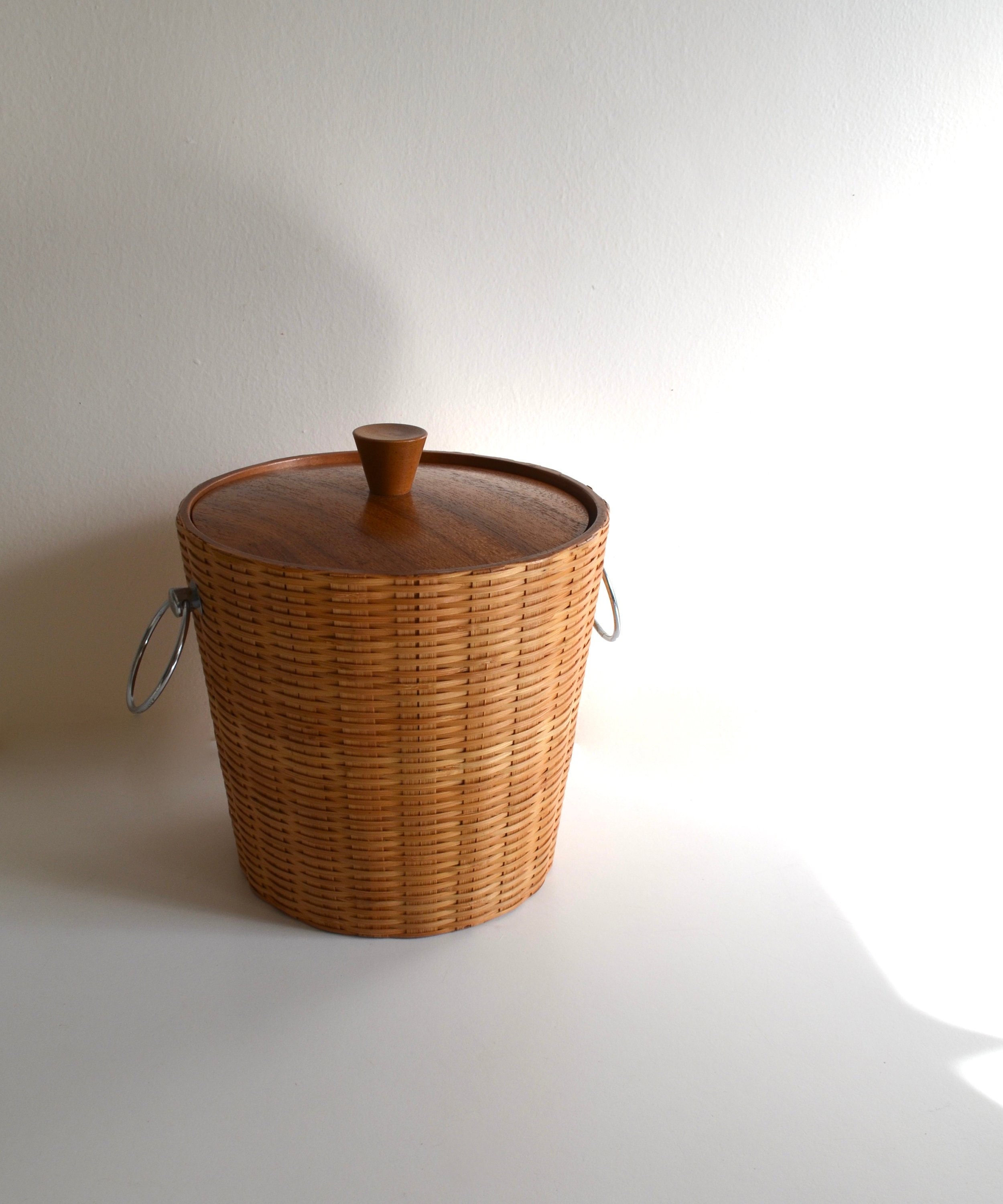 Mid Century Wicker and Wood Ice Bucket by KMC