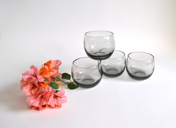 Mid Century Set of Four Small Smoke Colored Roli Poli Glasses