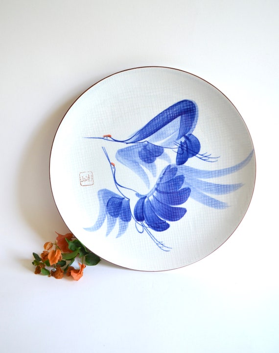 Vintage Japanese Ono Round Ceramic Plate with Two Blue and White Cranes Design
