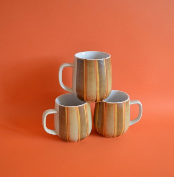 Vintage Trio of Stripe Stoneware Coffee Mugs