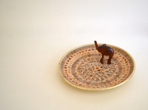 Mid Century Round Tan Tile Tray