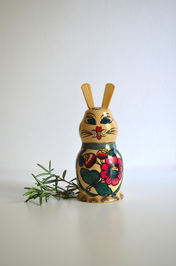 Vintage Hand Painted Carved Wood Rabbit