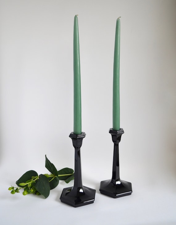 Pair of Vintage Black Glass Candle Holders