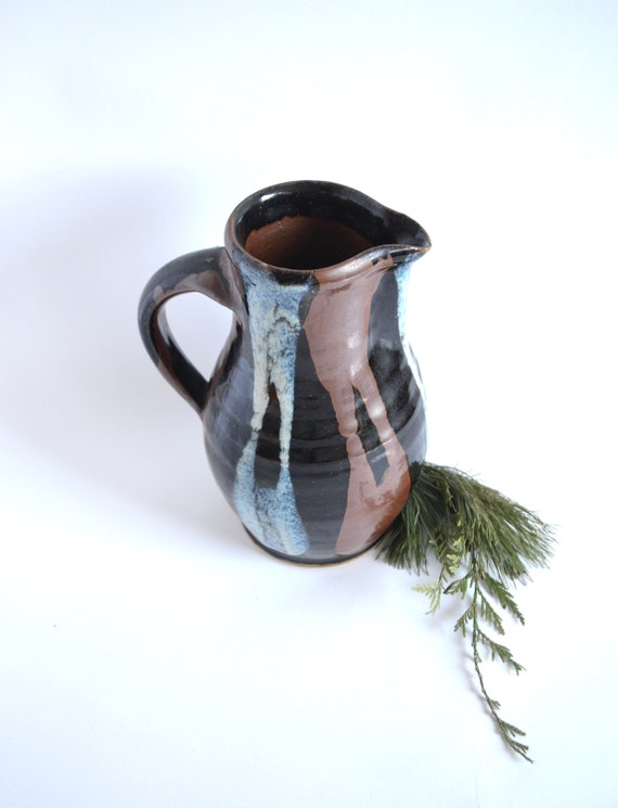 Vintage Black Studio Pottery Pitcher with Drip Glaze