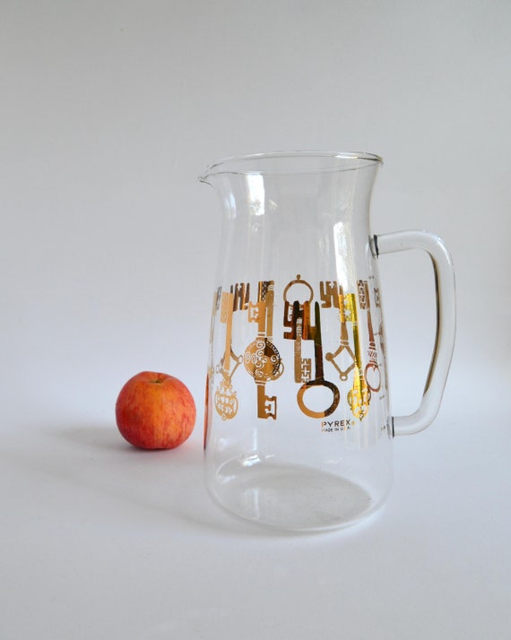 Vintage Pyrex Clear Glass with Gold Key Design Pitcher