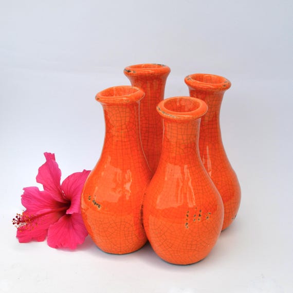 Vintage 1970's Orange Ceramic Connected Bud Vases