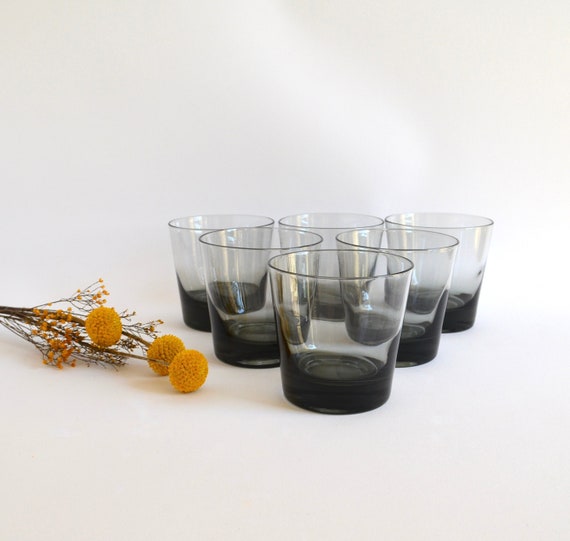 Mid Century Set of Six Smoke Low Ball Drinking Glasses