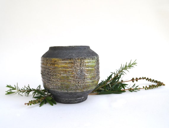 Vintage Japanese Studio Pottery Footed Vase with Raku Glaze