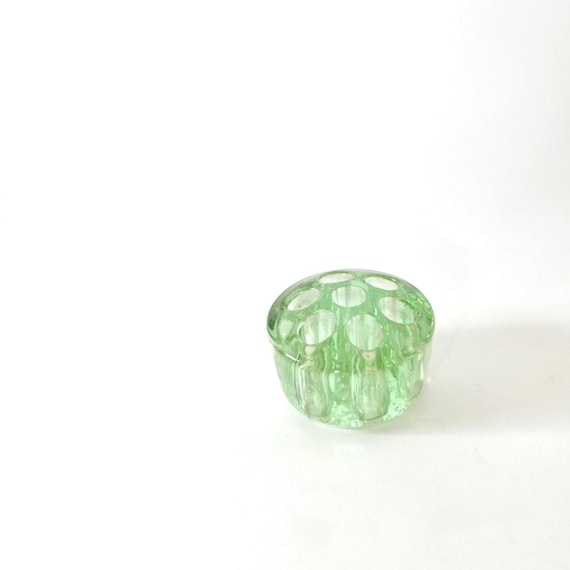Vintage Small Green Depression Vaseline Glass Flower Frog Made in England