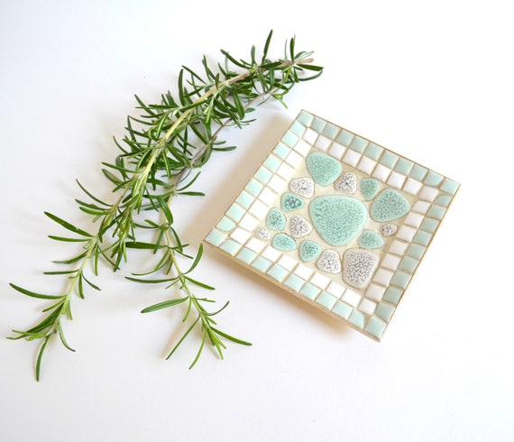 Vintage Mint Green and White Pebble Tile Tray