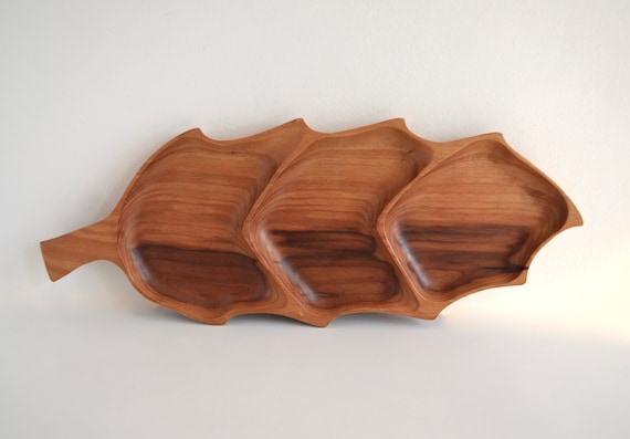 Vintage Three Section Leaf Shaped Wood Tray