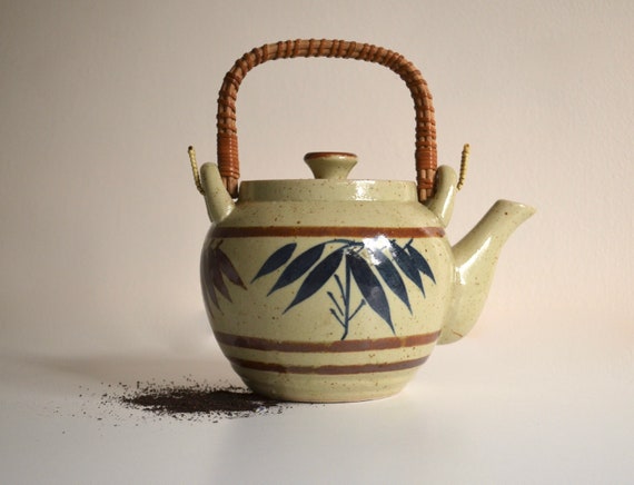 Vintage Asian Stoneware Teapot with Wicker Handle