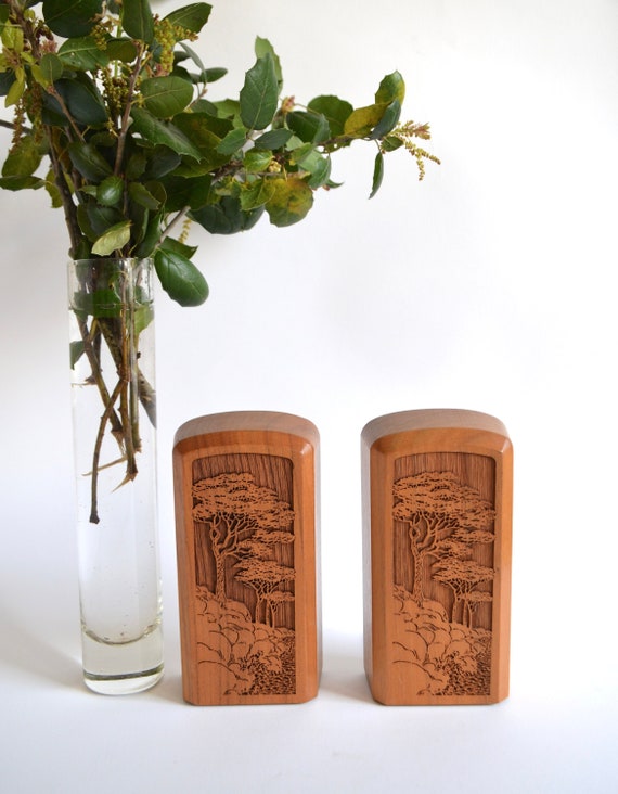 Pair of Vintage Laser Engraved Walnut Bookends with Cypress Trees Design