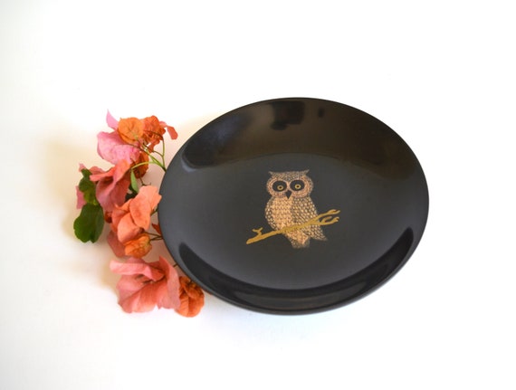 Mid Century Black Couroc Bowl with Wood and Brass Inlay Owl Design