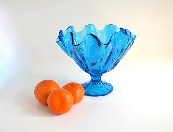 Mid Century Blue Glass Fluted Pedestal Candy Dish