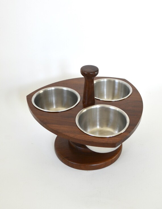 Mid Century Black Walnut Kustom Kraft Wood Condiment Holder