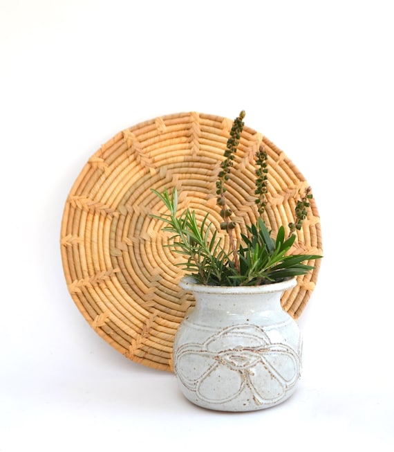Vintage White Studio Pottery Pot with Freeform Inscribed Flower Design
