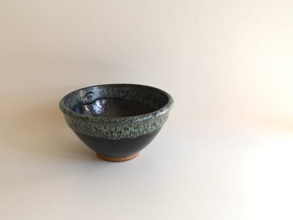 Small Vintage Black and Aqua Glazed Ceramic Bowl