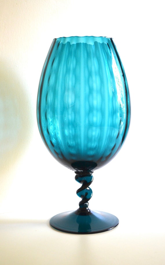 Mid Century Large Teal Glass Footed Vase Etsy