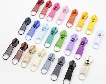 Solid color #5 zipper heads and pulls that go with 5 mm zipper by the yard with nylon teeth, Handbag zipper, Nylon teeth, Metal head