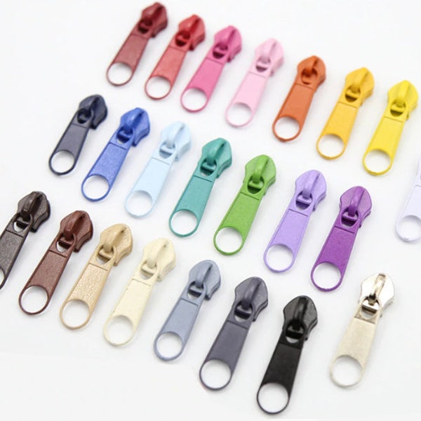 Solid color #5 zipper heads and pulls that go with 5 mm zipper by the yard with nylon teeth, Handbag zipper, Nylon teeth, Metal head