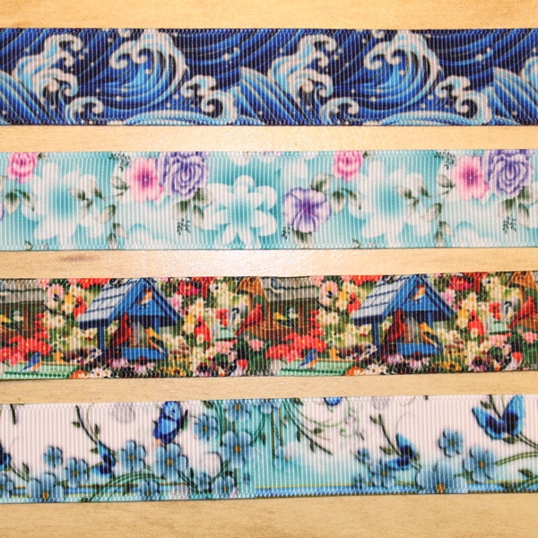 Grosgrain Ribbon, 7/8", 22mm, Butterfly, Birds, Bird Houses, Floral, Flower, Oriental Wave, Spring Ribbon, Hair Bow Ribbon, Sold by the Yard