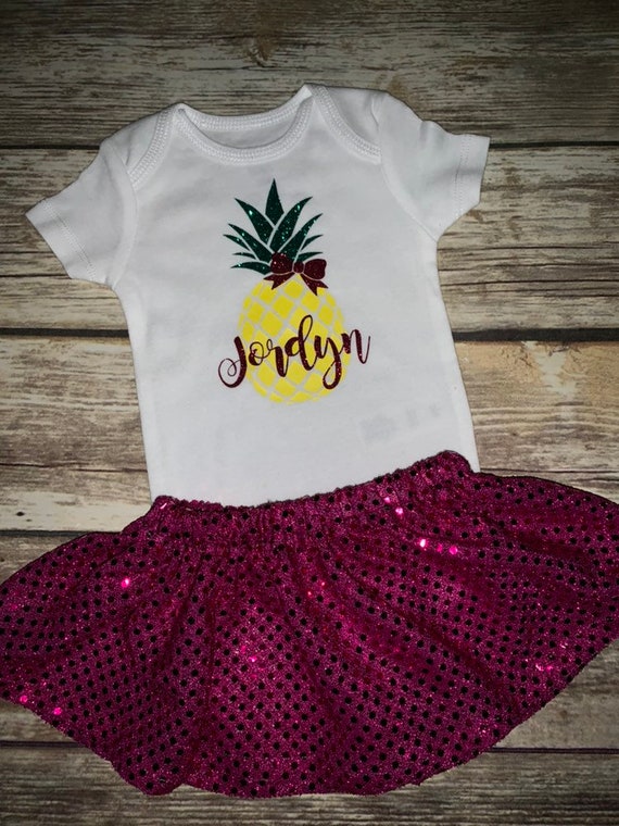 Personalized baby girl pineapple onesie with sequin skirt and hair bow Custom pineapple outfit