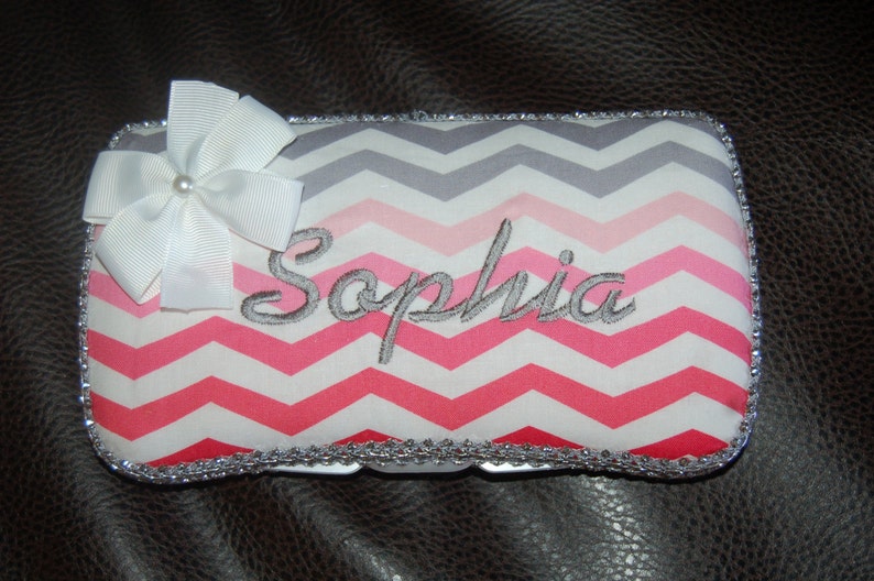 Custom Pink gray chevron girls baby travel wipe case GET it PERSONALIZED add a bow or a name