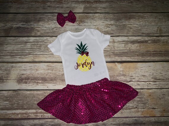 Personalized baby girl pineapple onesie with sequin skirt and hair bow Custom pineapple outfit