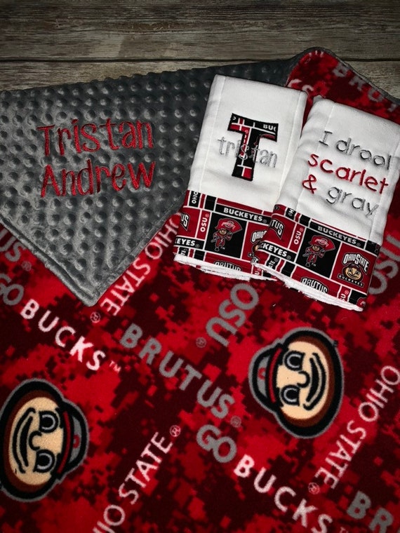 Buckeyes Personalized Baby Minky Blanket and Chevron Bib /& Burp Cloth