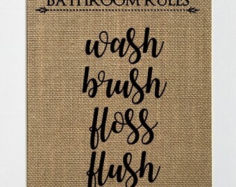 Rustic Vintage Bathroom Sign Burlap Print Sign UNFRAMED Bathroom Rules