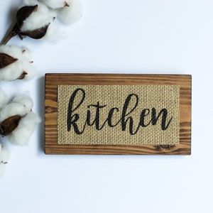 MINI 6"x3.5" Kitchen / Burlap Print on Wood Plaque / Handmade Rustic Home Wall Decor Gift Kitchen House Sign