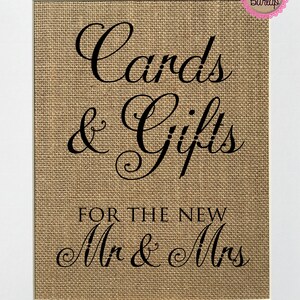 UNFRAMED Cards & Gifts For The New Mr Mrs / Burlap Sign Print 5x7 8x10 / Rustic Vintage Wedding Engagement Gift Shower Decor Newlyweds Sign