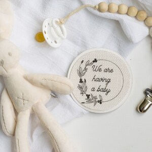We Are Having A Baby - Wood Burlap Plaque Sign - Baby Photo Prop - Newborn Photography Hospital Announcement Milestone Card Disc Baby