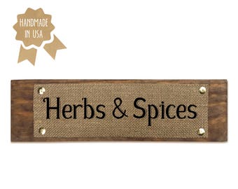 3x12 Herbs & Spices / Burlap Print on Wood Plaque / Handmade Rustic Home Wall Decor Gift Kitchen Decor Sign