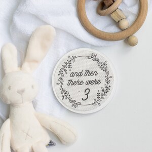And Then There Were 3 - Wood Burlap Plaque Sign - Baby Photo Prop - Newborn Photography Hospital Announcement Card Disc Baby Shower Gift