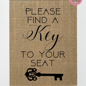 UNFRAMED Please Find A Key To Your Seat / Burlap Print Sign 8x10 / Rustic Vintage Shabby Wedding Decor Sign Sitting Chart Unique Key Sign